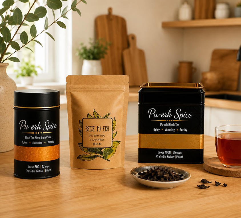 Pu-erh Spice Leo Tea – elegancka puszka, doypack i kubek prezentowy